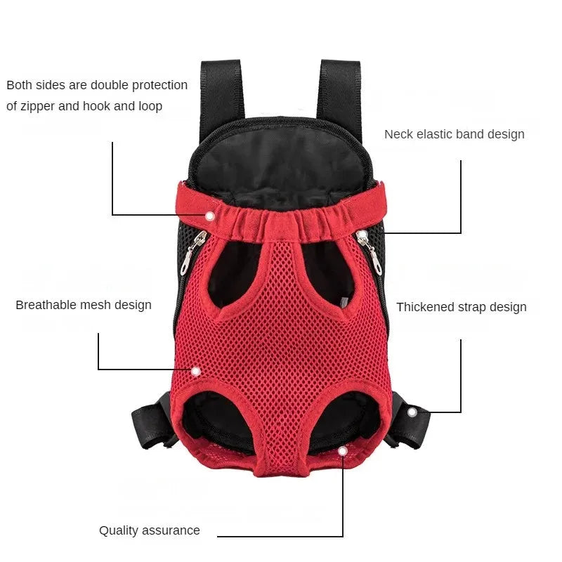 A person wearing a black nylon dog carrier backpack on their chest, with a small dog inside looking out.
