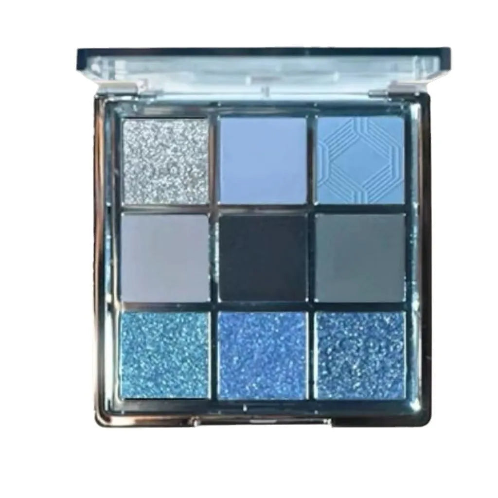 Mugeleen nine-colour eye shadow palette 08 with blue smoked design showing matte and shimmer finishes