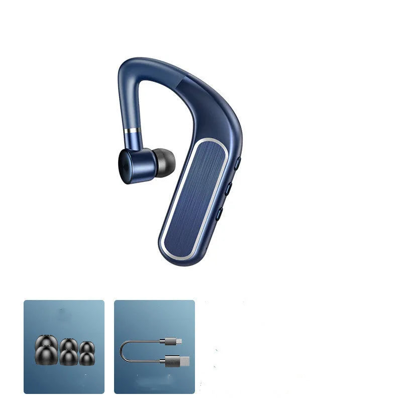 Black Bluetooth earphones with hanging ear design, shown with a charging case and spare ear caps.