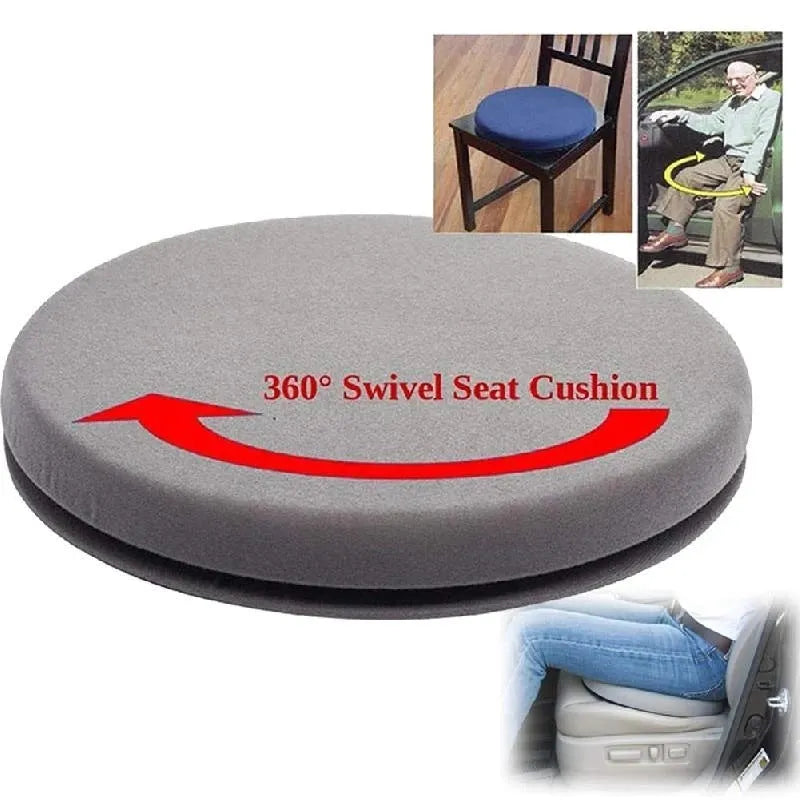 Grey rotating car seat cushion with non-slip base on a car seat.