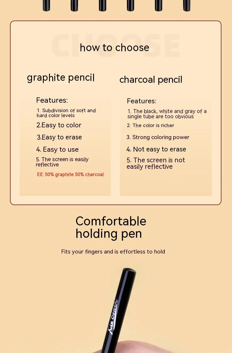 Set of six wood-free graphite sketching pencils with HB 2B 4B 6B 8B EE hardness grades