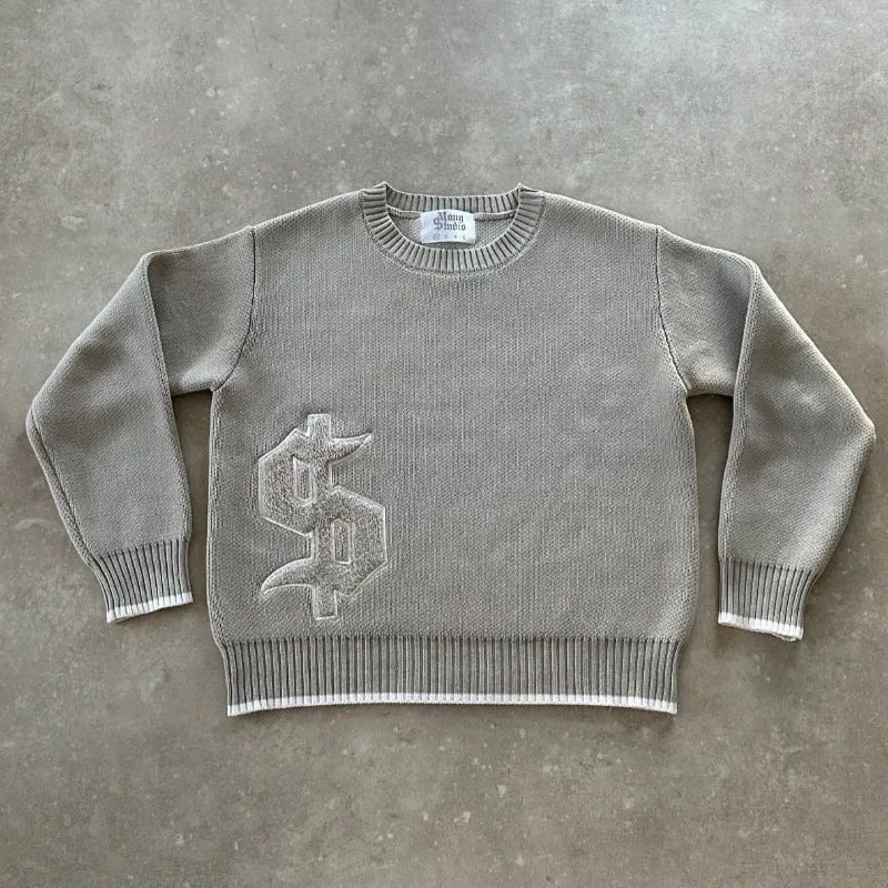Grey jacquard pattern loose-fitting pullover knitwear coat with long sleeves