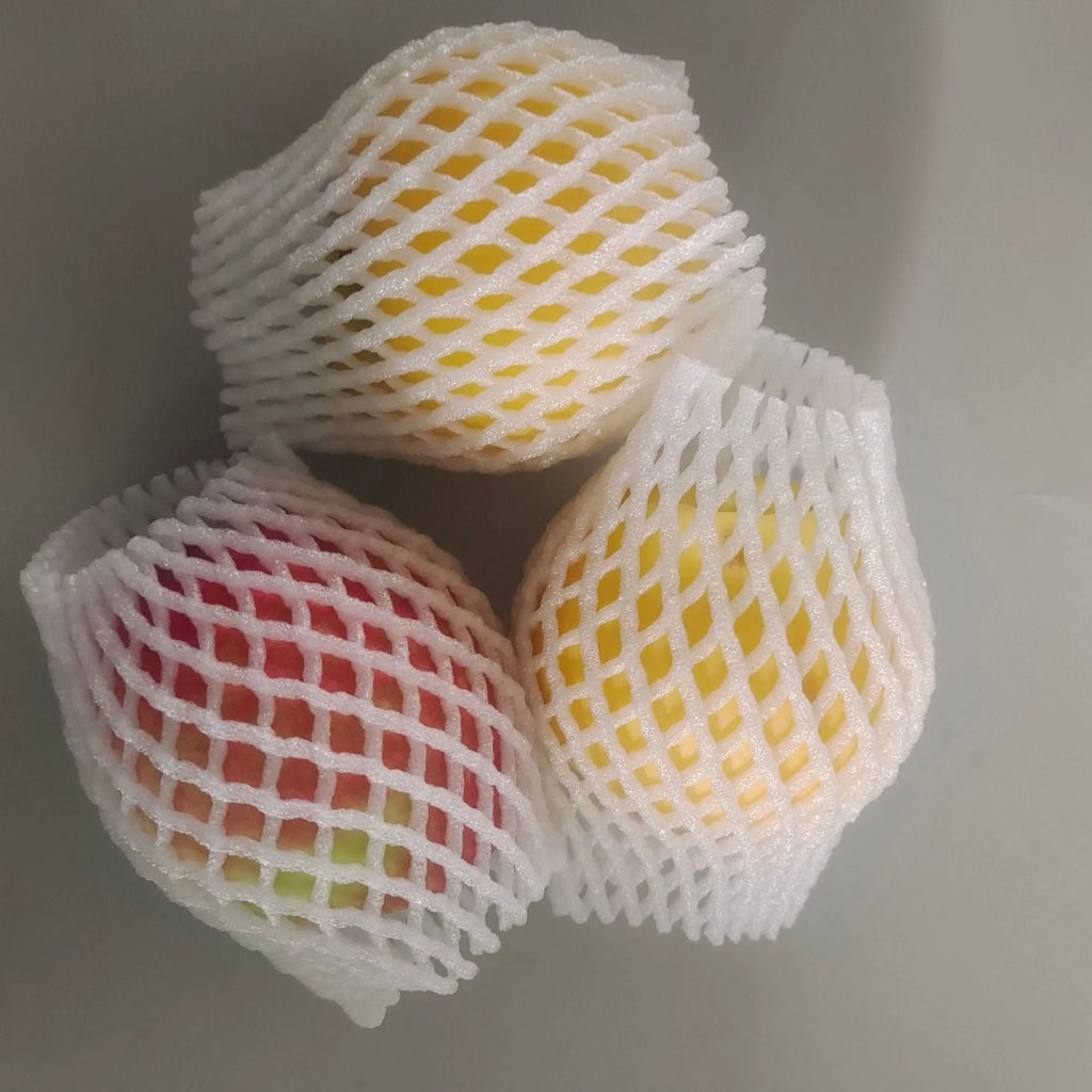 White foam protective net sleeve for fruit and delicate items, shown in multiple sizes.