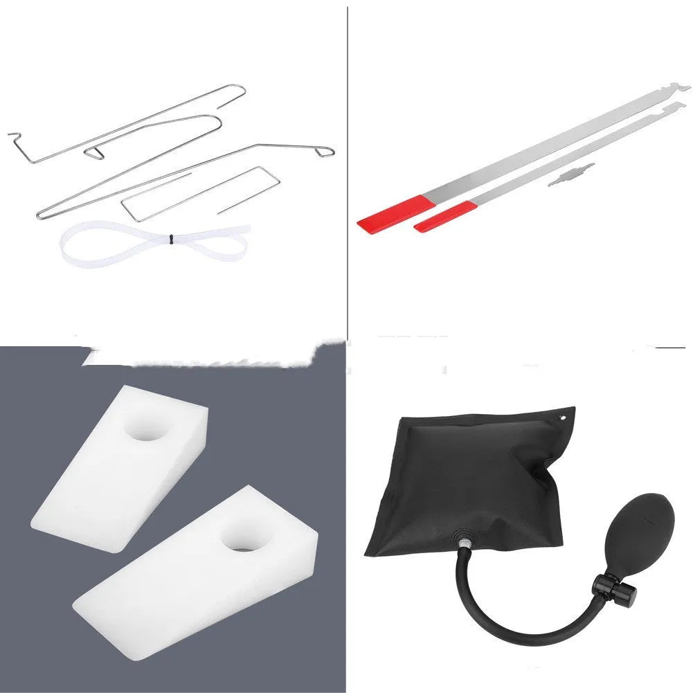 9-piece automotive emergency tool set with air pump wedge and plastic pry tools