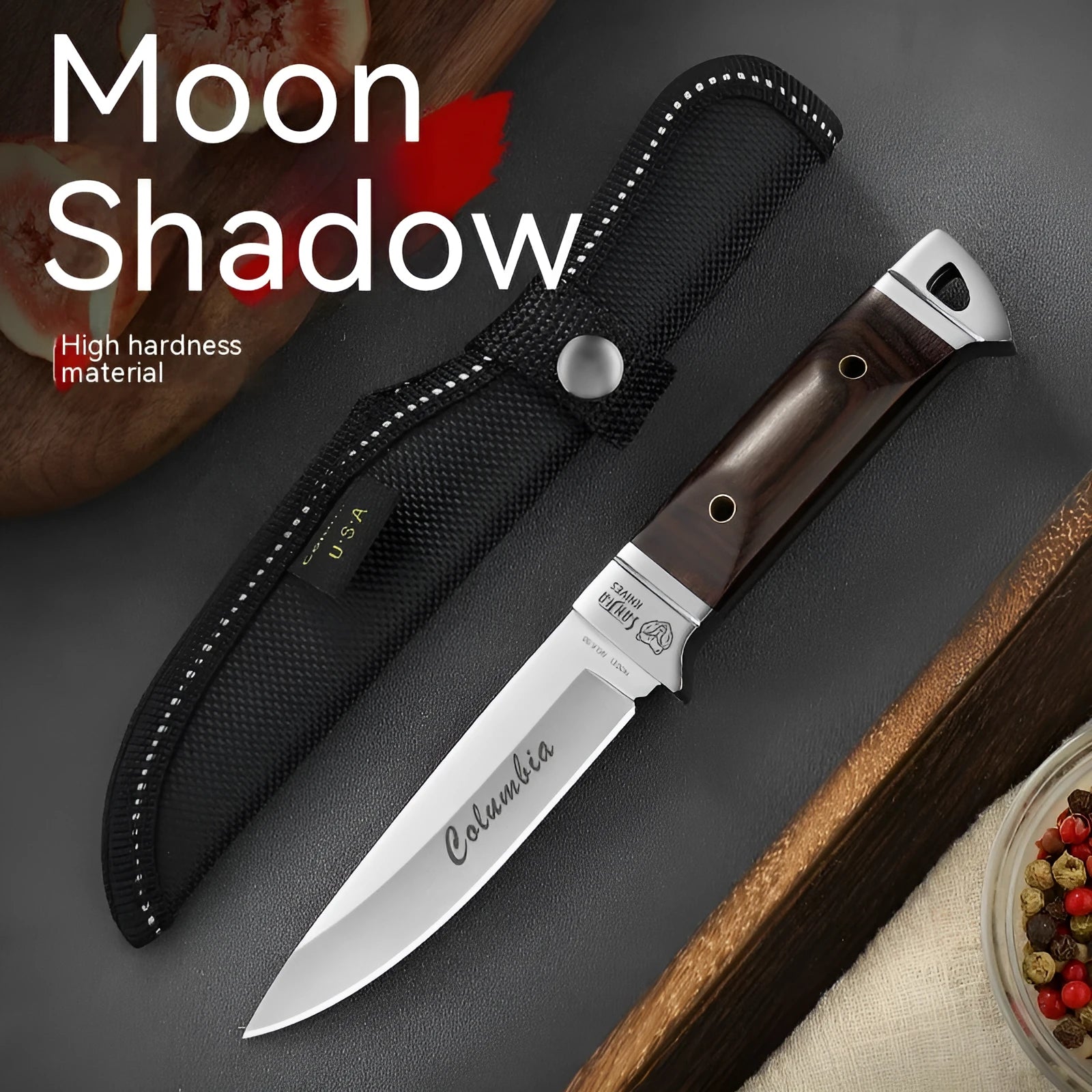 Camping portable fruit knife with stainless steel blade and leather sheath in national style design
