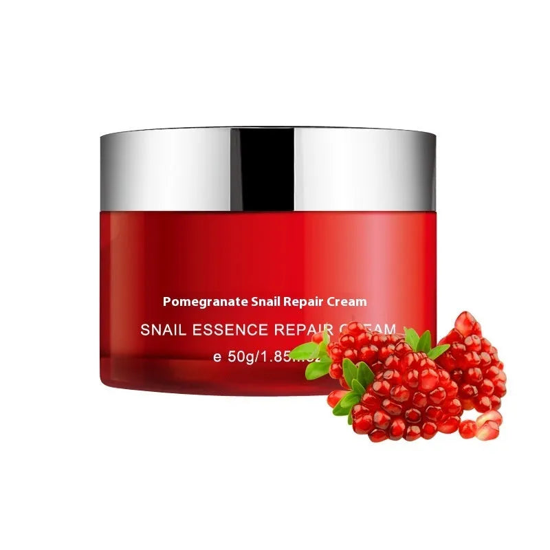 Pomegranate skincare set showing red bottles of face wash, toner, lotion, and facial cream.