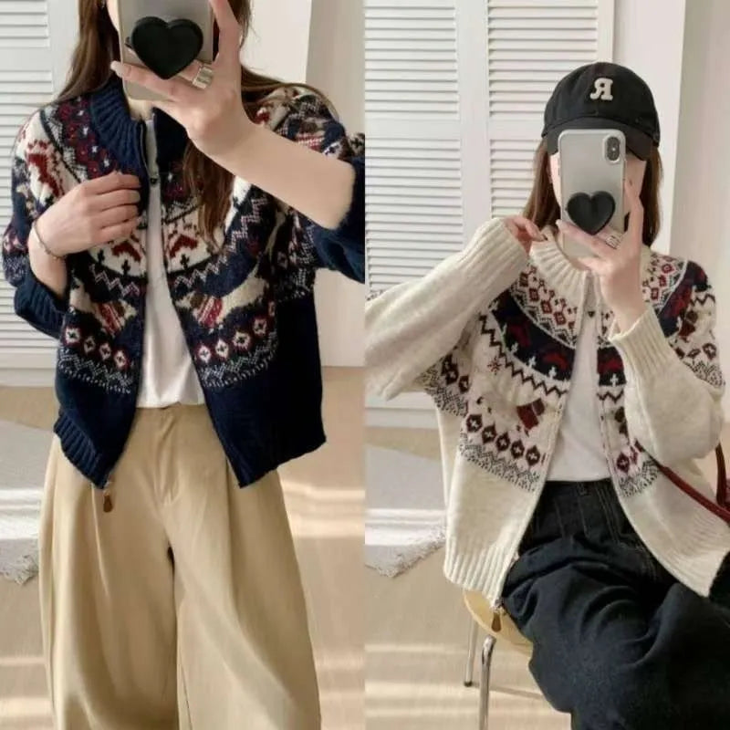 Ethnic style apricot and navy blue polyester jacquard pullover sweater with 3D pattern and loose fit