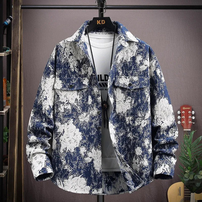 Casual lapel shirt coat in blue with long sleeves and straight hem, suitable for spring and autumn wear