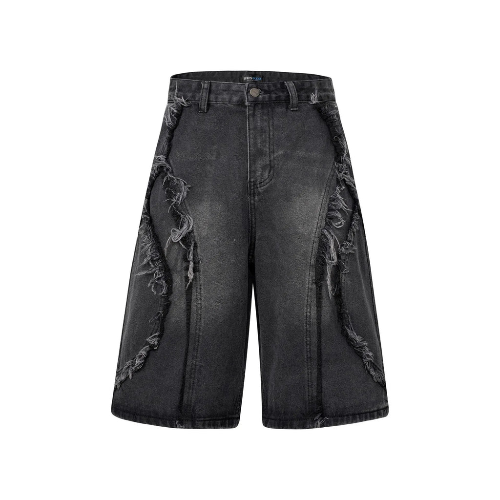 American Pu Shuai distressed raw edge denim shorts in light blue, straight cut cropped style.