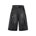 American Pu Shuai distressed raw edge denim shorts in light blue, straight cut cropped style.