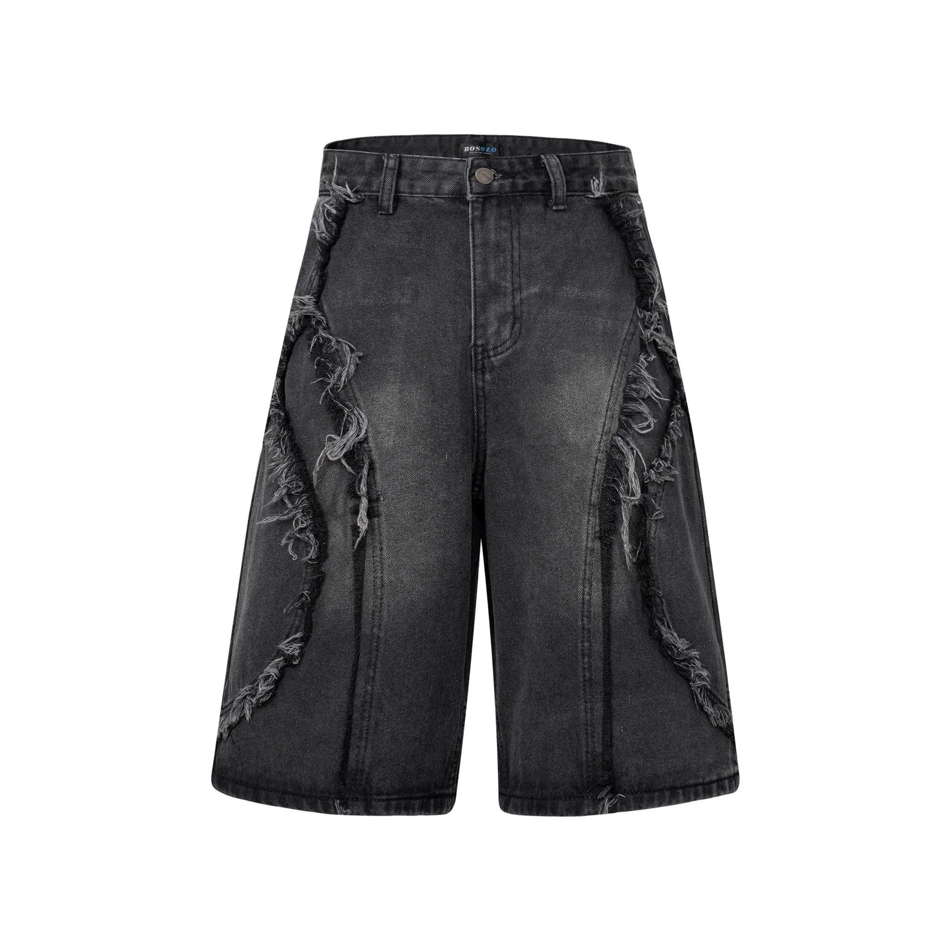 American Pu Shuai distressed raw edge denim shorts in light blue, straight cut cropped style.