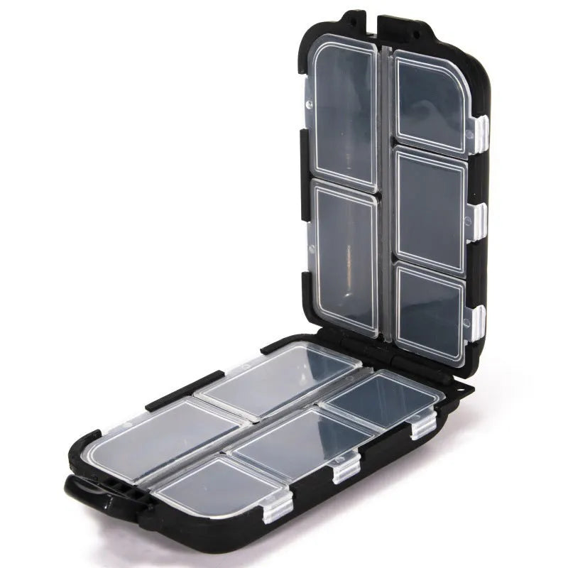 Plastic fishing tackle storage box with 10 compartments in black, blue, or green colour options