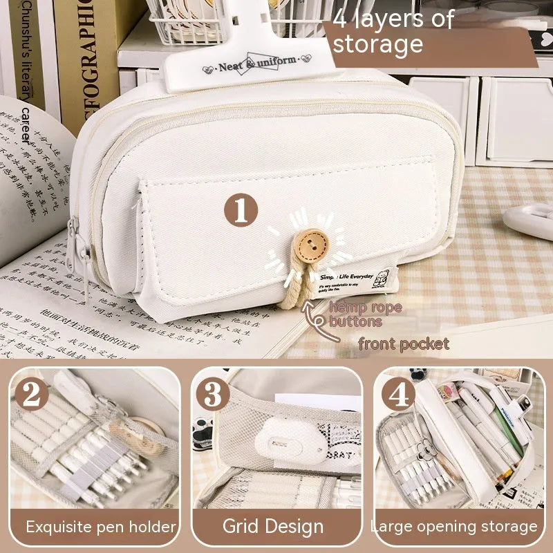 Green Korean-style canvas pencil case with zip, large enough to hold 80 pens.