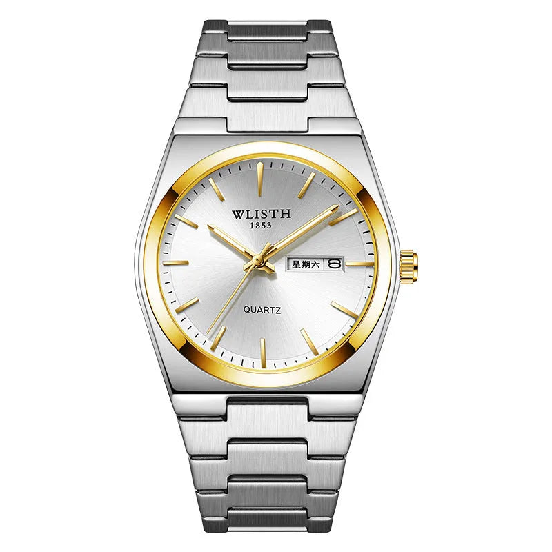 Waterproof luminous ultra-thin quartz men's watch in gold dial with silver stripes on white background