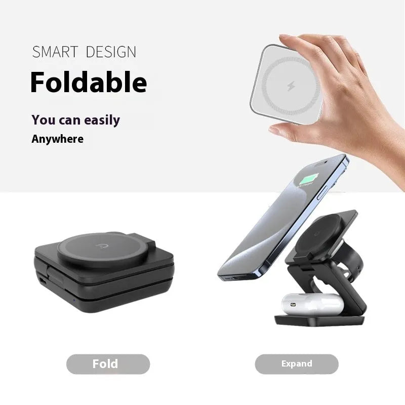 White foldable magnetic wireless charger phone holder showing compact size and charging indicator light.