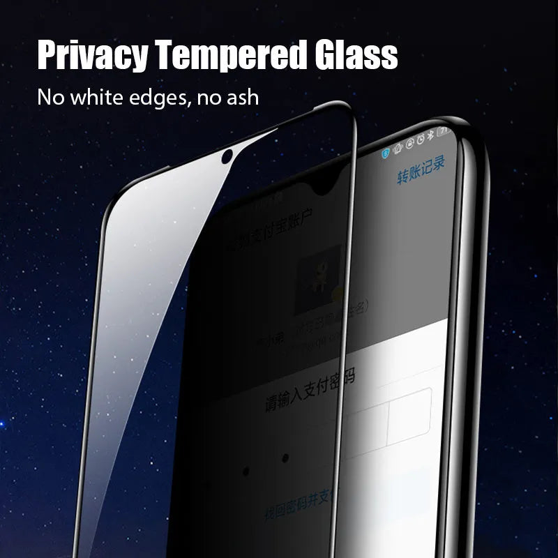 Anti-spy tempered glass screen protector for Poco and Redmi Note mobile phones on a table.
