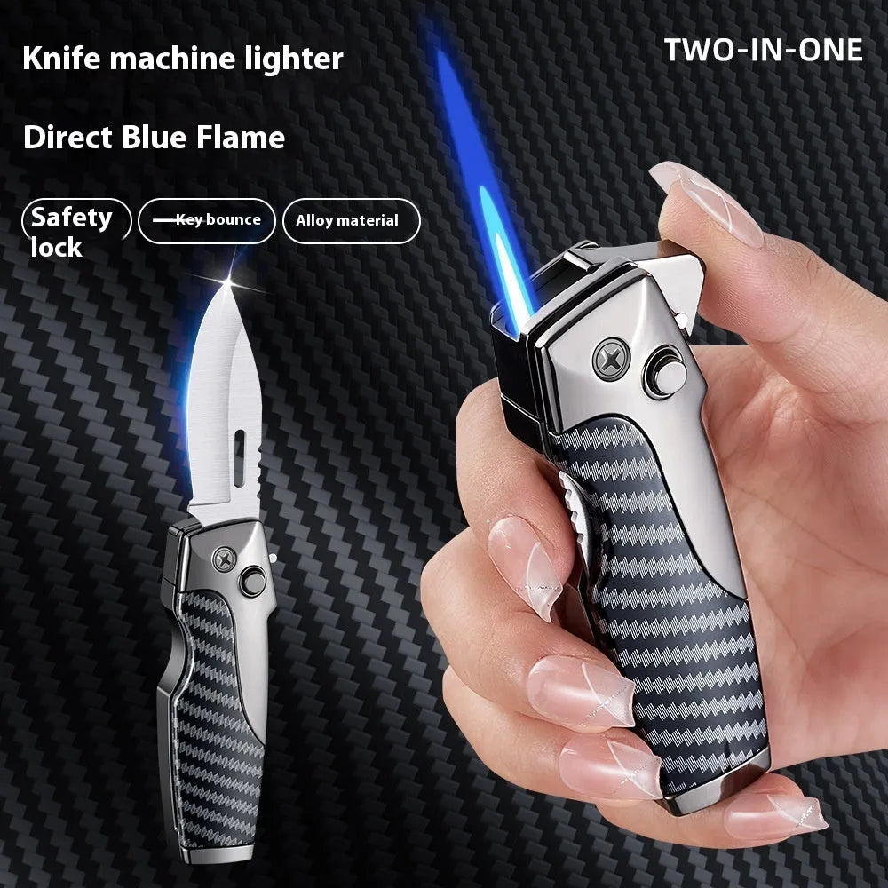 Zinc alloy folding lighter tool with integrated pocket knife blade, shown in a selection of wood grain and carbon fibre finishes.