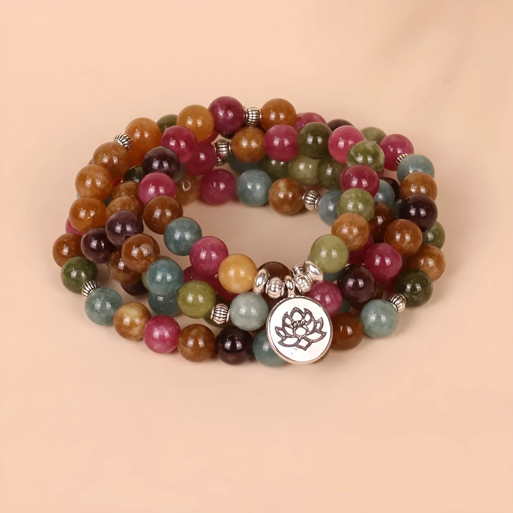 Multi-layer lotus hanging bracelet with 108 tourmaline beads on a metal alloy string