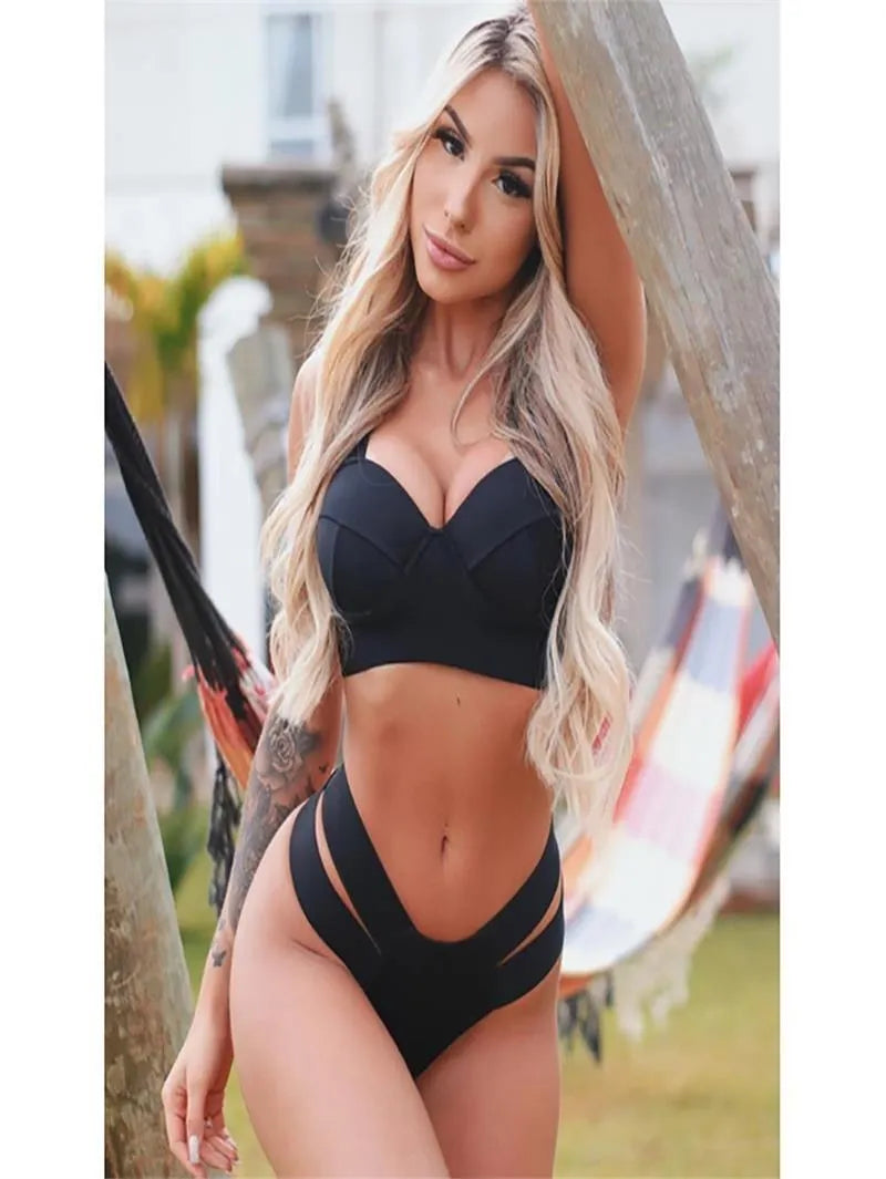 Women's steel bracket push-up bikini swimsuit in contrast colours with Asian sizing options