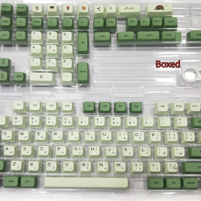 Full set of 124 matcha green PBT keycaps for a mechanical keyboard, showing various international layout options.