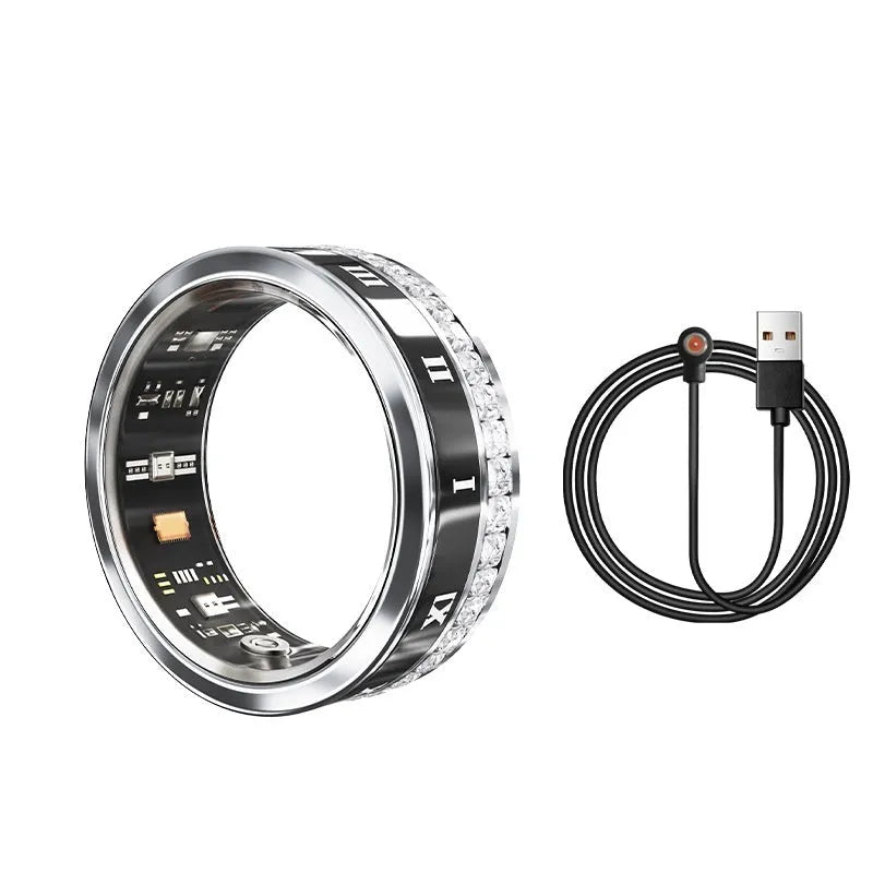Silver and gold smart ring with diamond inlay showing blood oxygen monitoring functionality