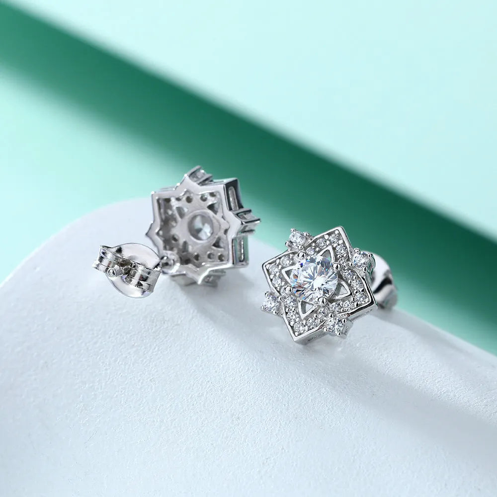 925 sterling silver geometric zircon earrings with white gold finish, star and snowflake motifs, 4mm main stone