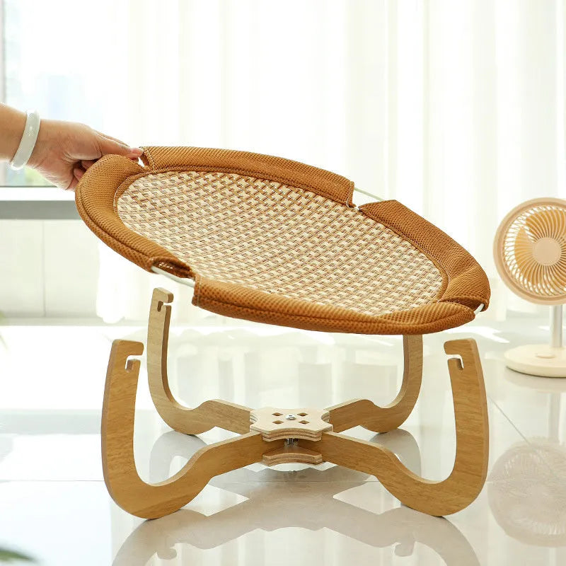 Brown woven rattan pet hammock measuring 46cm with raised sleeping platform for cats and small dogs