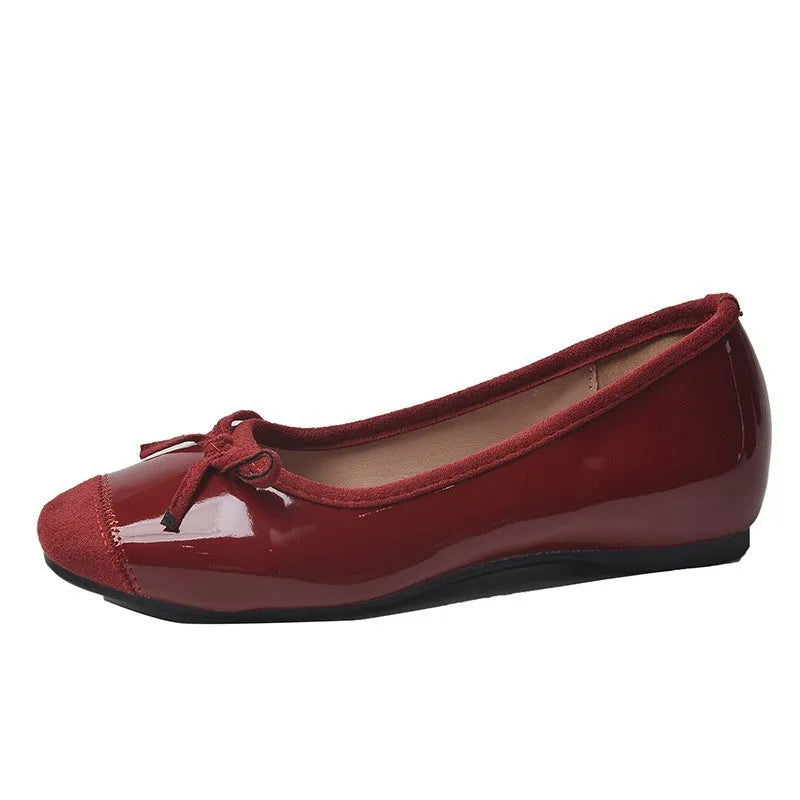 Women's retro ballet flat shoes with square toe and bow detail in wine red colour