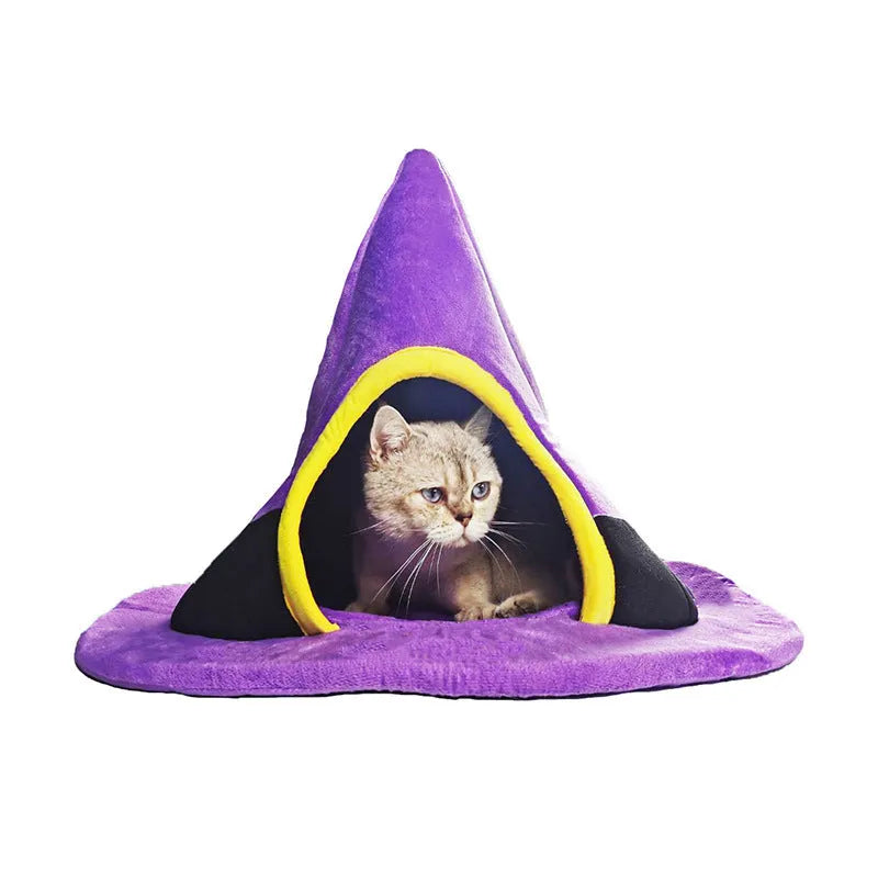 Purple witch hat shaped cat nest pet bed measuring 60x45cm