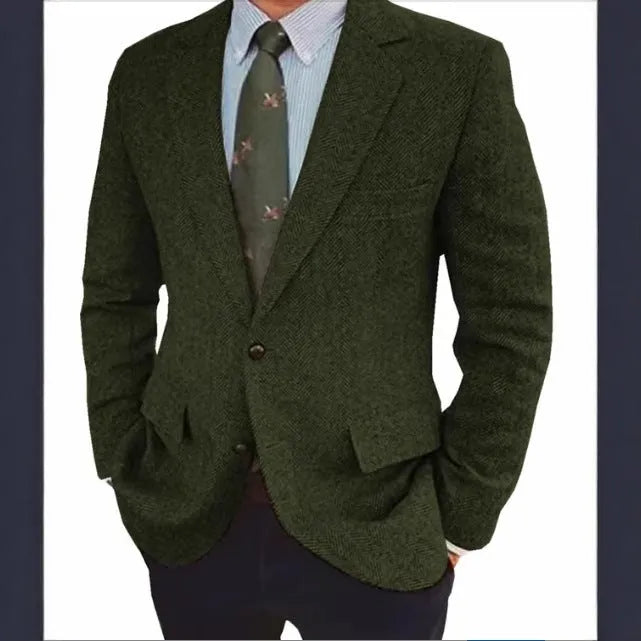 Men's brown herringbone suit jacket with long sleeves and notch lapels, laid flat.