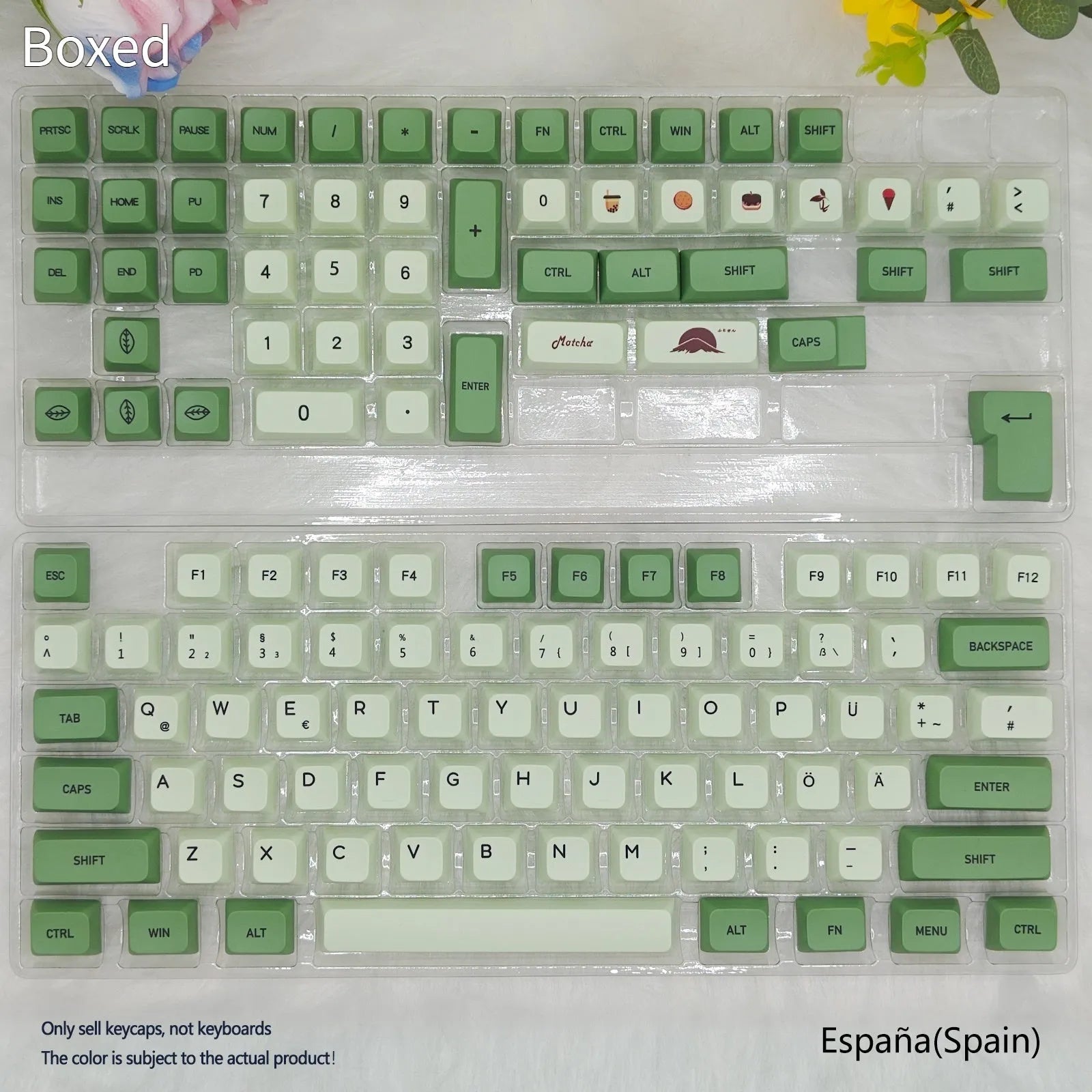 Full set of 124 matcha green PBT keycaps for a mechanical keyboard, showing various international layout options.