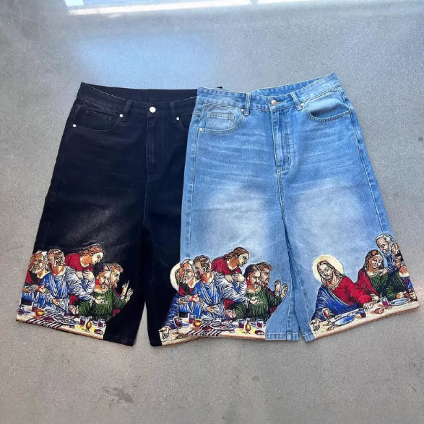 Blue men's cotton shorts with a Jesus design printed on the back pocket, showing tapered leg.