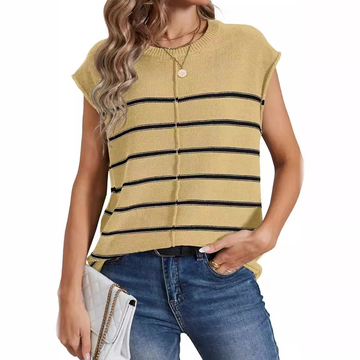 A women's striped sleeveless pullover vest in apricot colour with bone stitching detail.