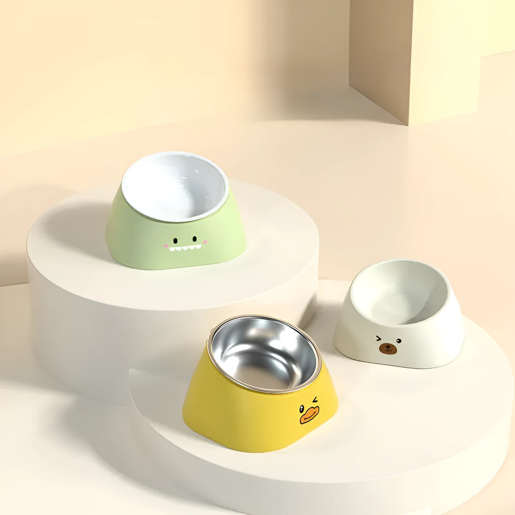 15 degree tilted stainless steel pet bowl with polypropylene base for cervical spine protection