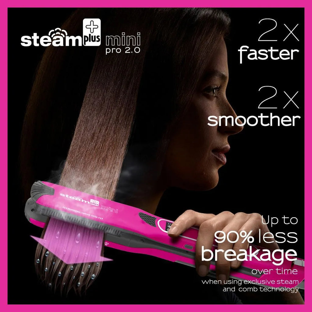 Mini steam hair straightener and curling iron in champagne, purple or rose red colour