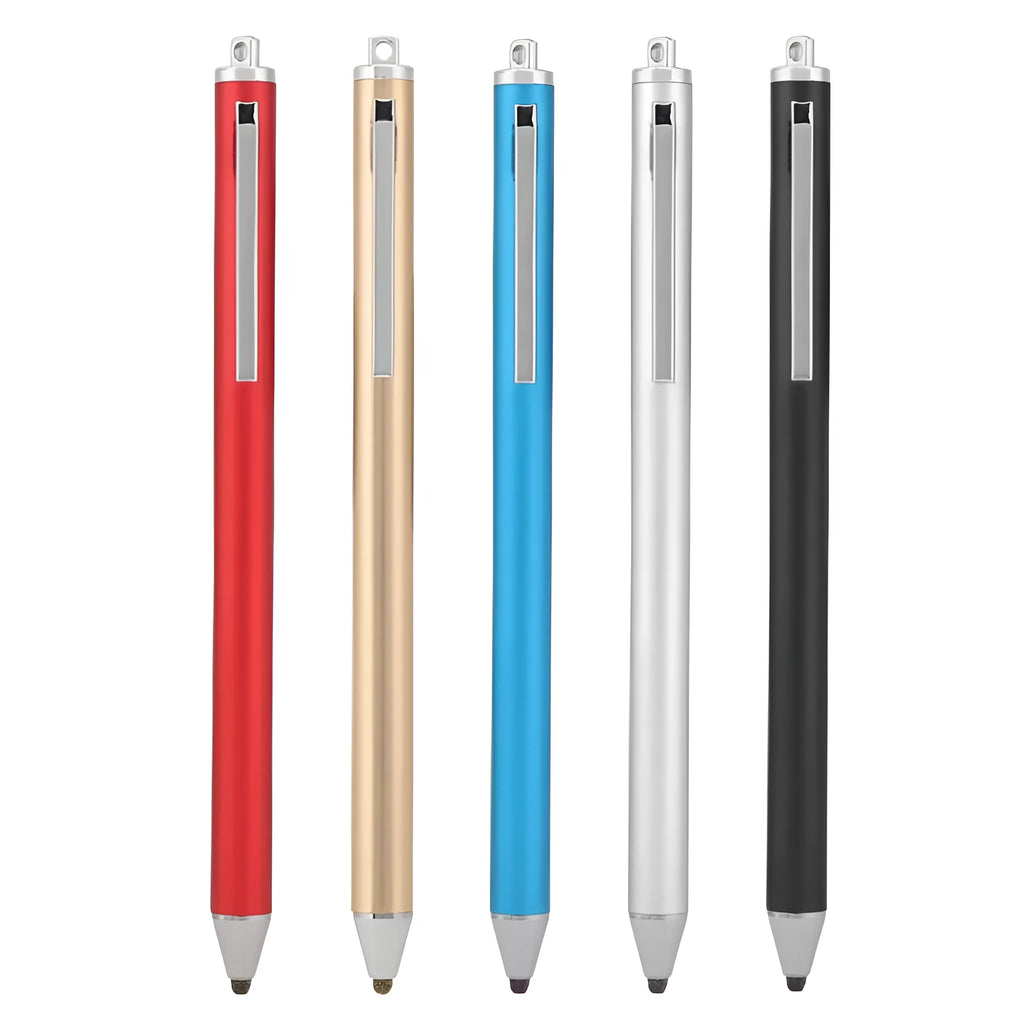 Metal casing stylus pen with fine tip, shown in multiple colour options.