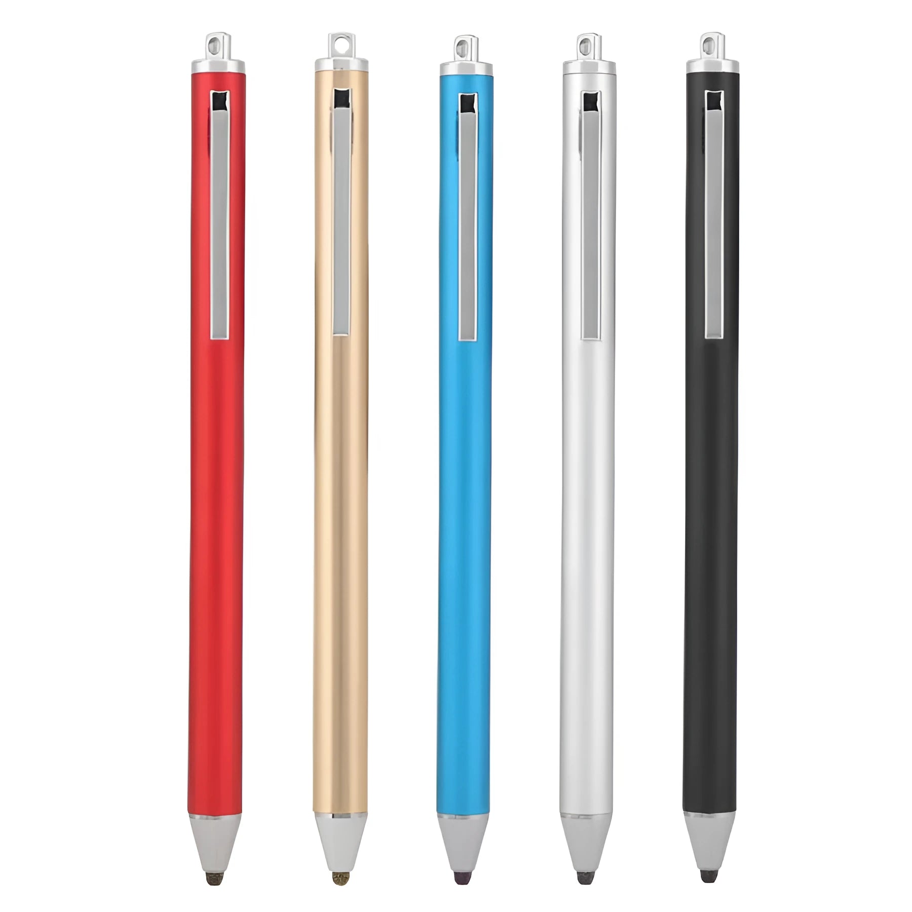 Metal casing stylus pen with fine tip, shown in multiple colour options.