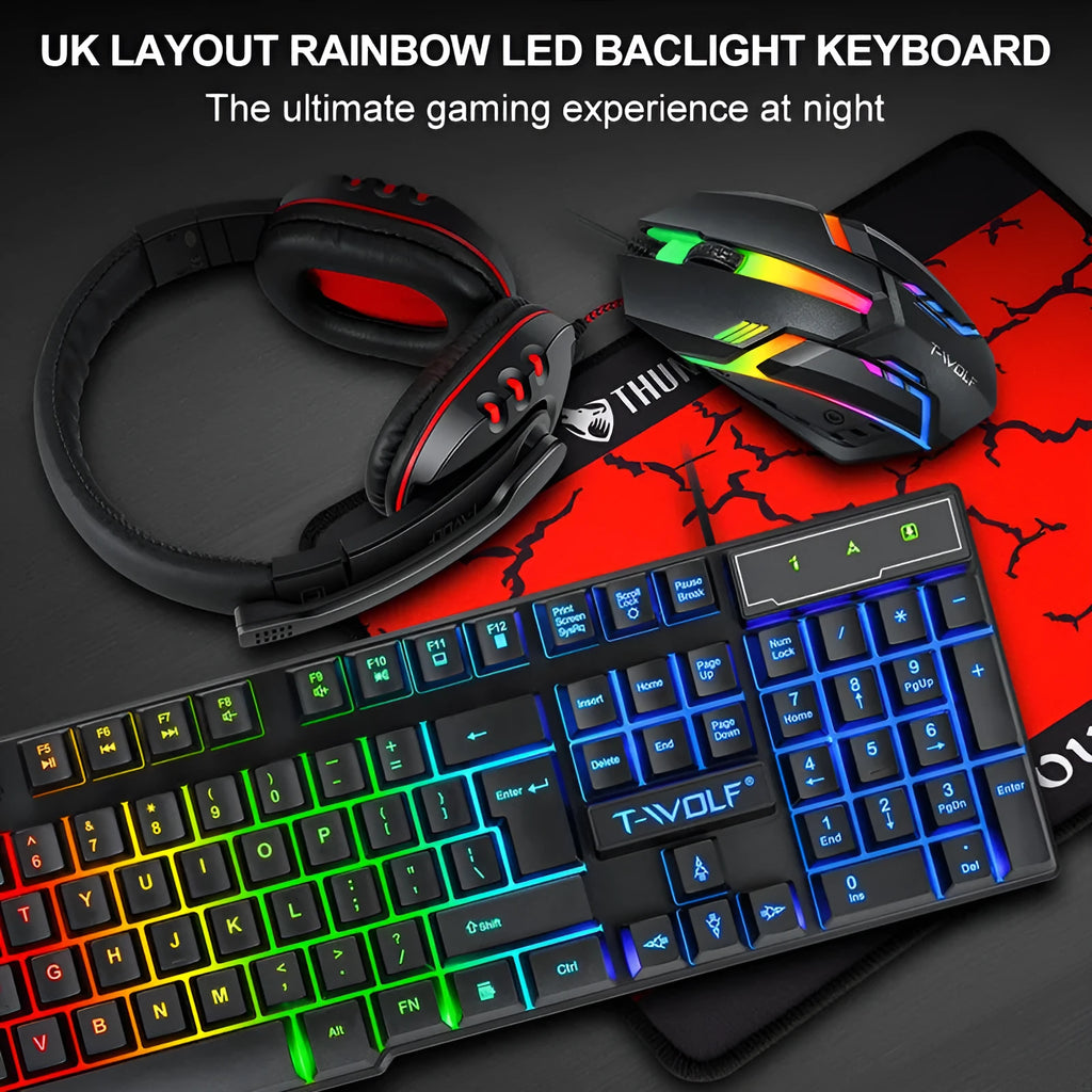 Thunder Wolf gaming keyboard and mouse set with headset and rectangular mouse pad