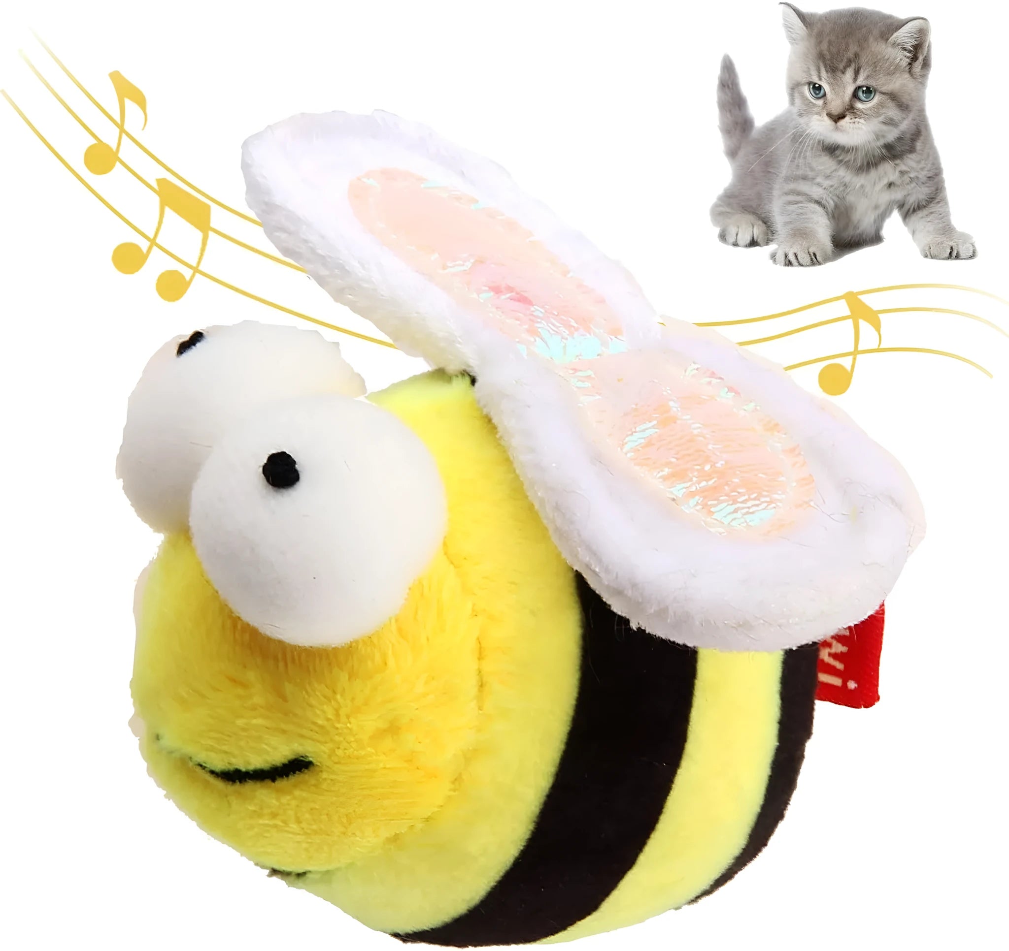 Yellow bee-shaped electronic cat toy with motion-activated chirping function for interactive play