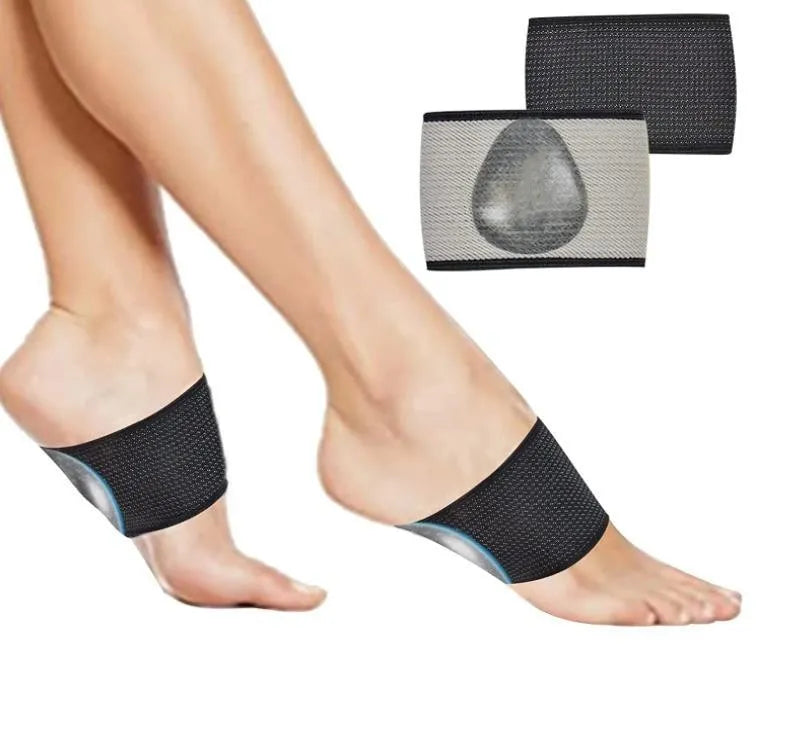 Unisex flat foot support bandage with elastic arch support and a silicone heart pad, shown in two style variations.