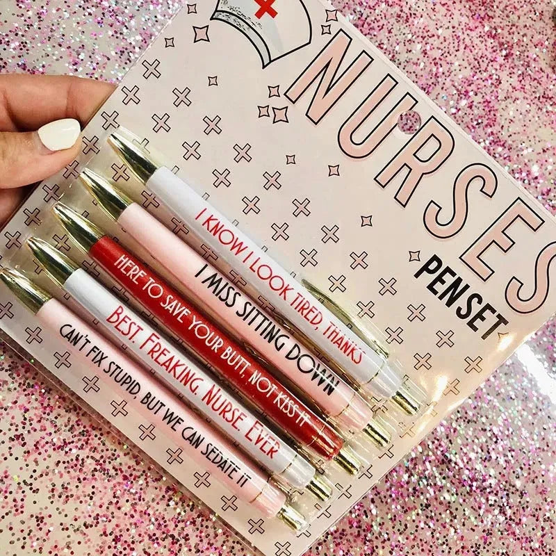 Five nurse-themed plastic ballpoint pens with retractable tips, measuring 14cm in length