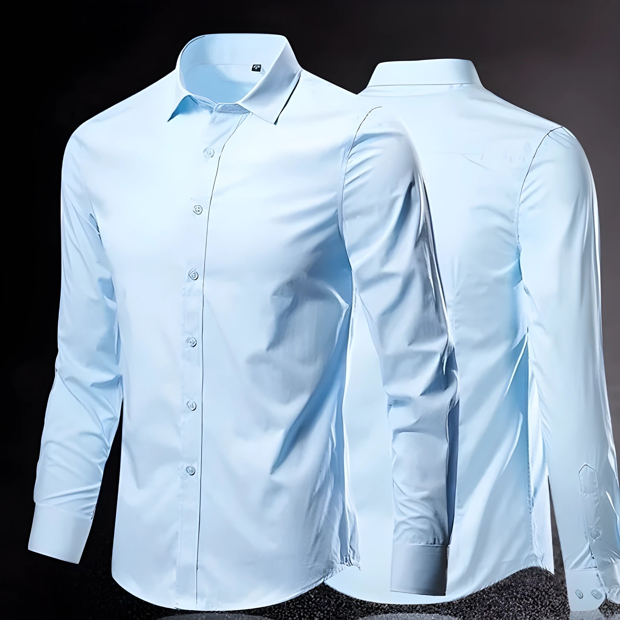 Men's long-sleeve linen shirt in a slim, loose fit on a hanger