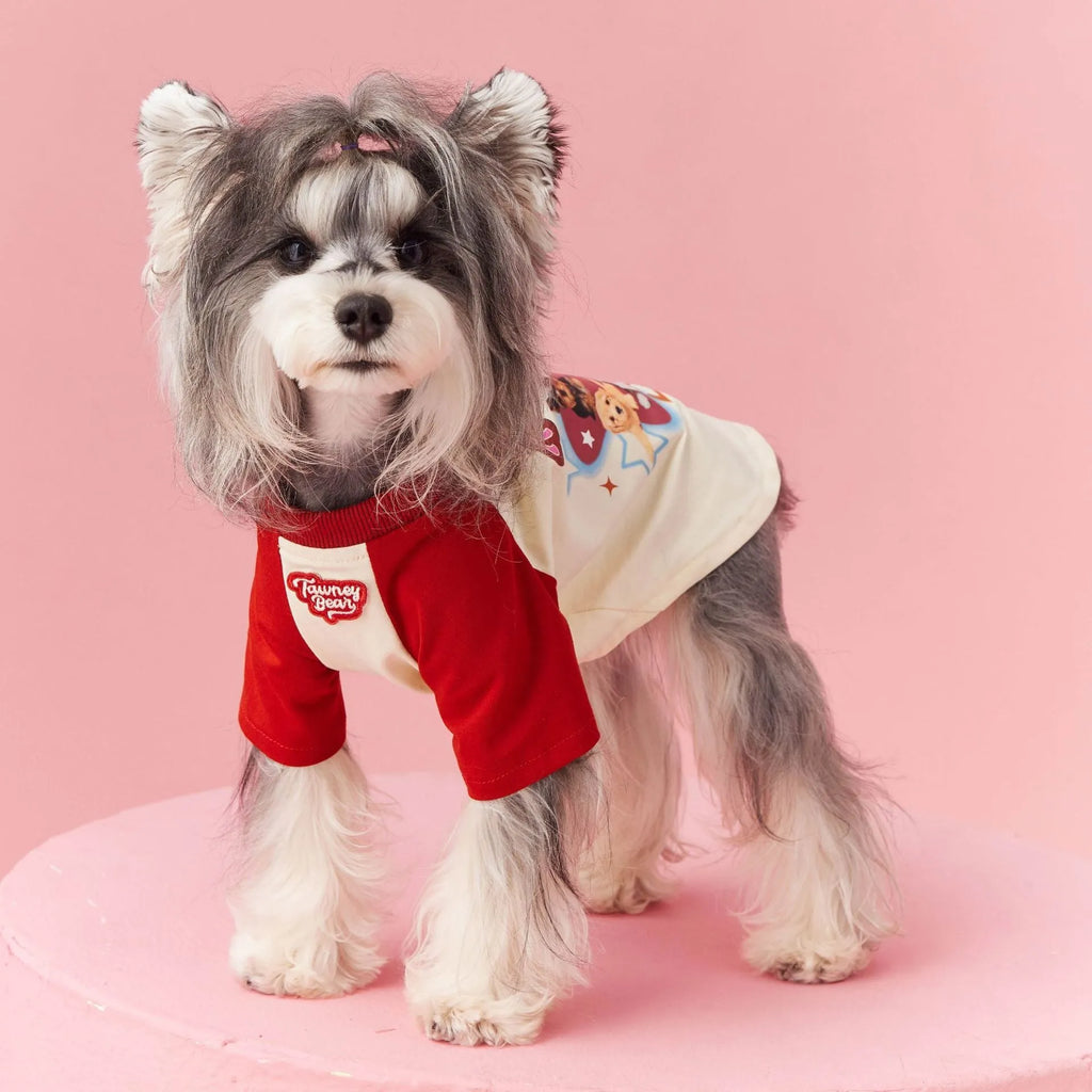 Cotton dog t-shirt with embroidered red and pink contrast colours for summer wear