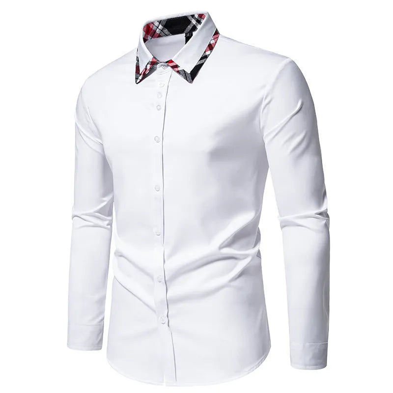 Men's plaid contrast colour triangle collar long sleeve shirt in blue, black, and white options
