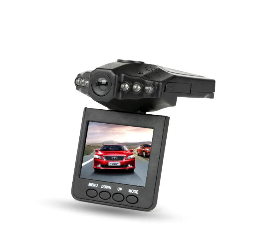 Black HD driving recorder with 120 degree wide angle lens mounted on car windscreen
