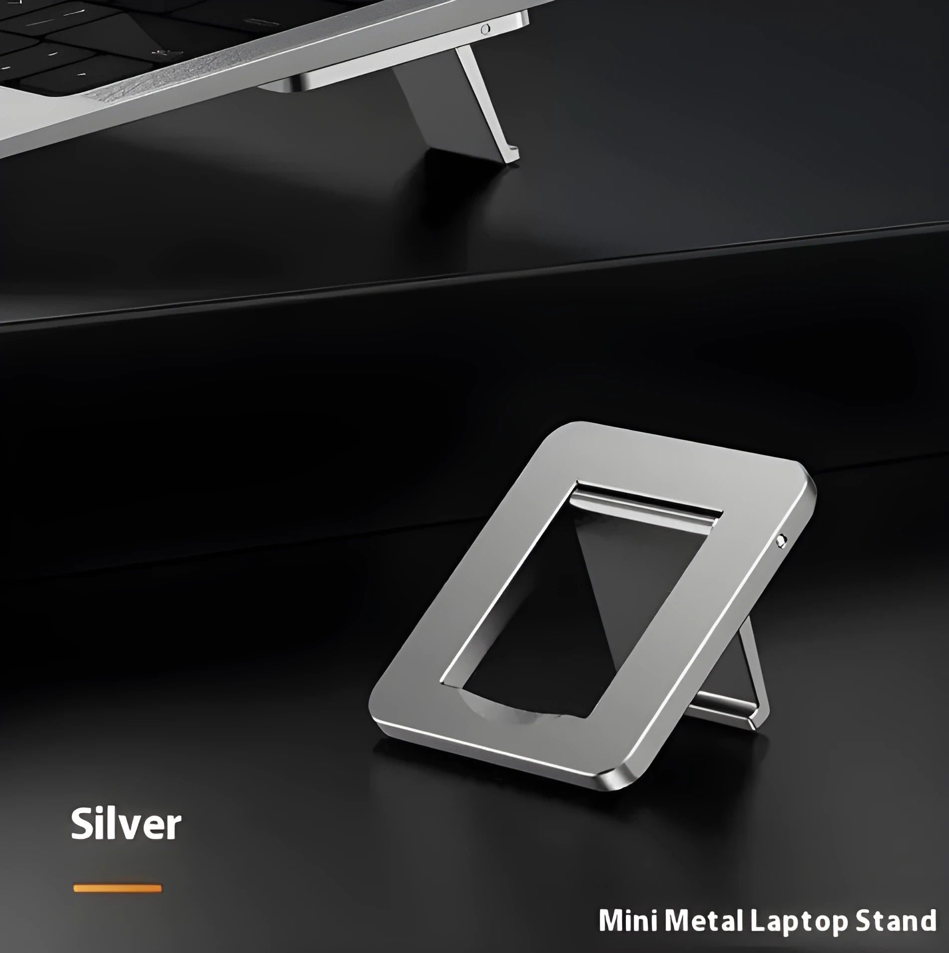 Compact silver aluminium folding laptop stand bracket shown next to 3M adhesive pads.