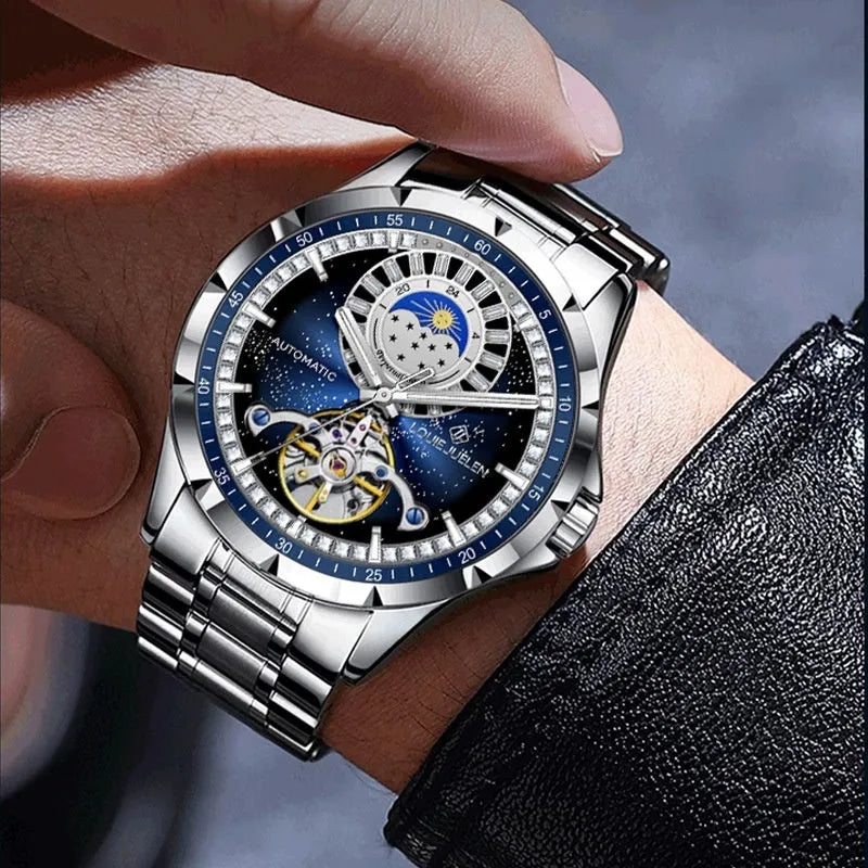 Men's silver automatic mechanical watch with blue dial and stainless steel strap