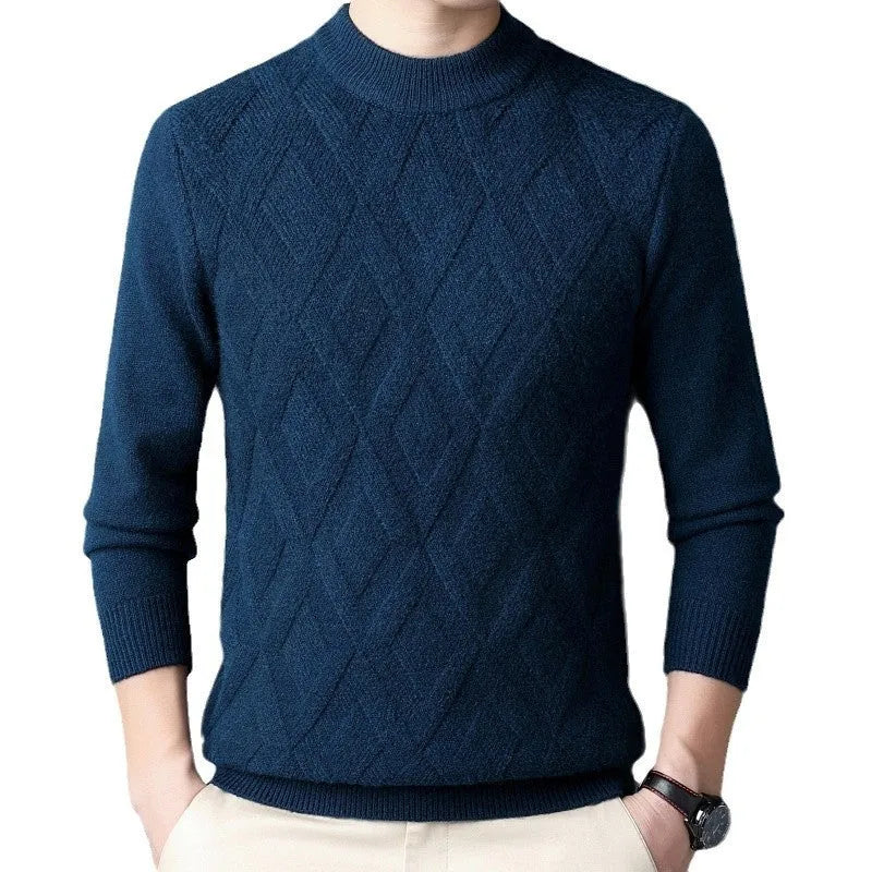 Men's plus size winter thermal pullover sweater with diamond jacquard pattern in light camel colour