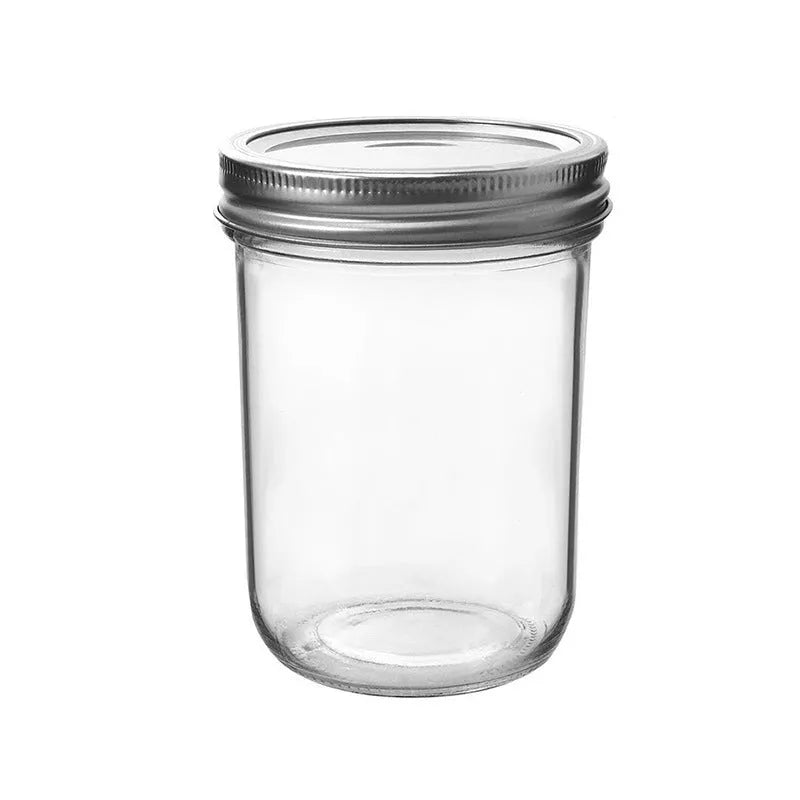16oz glossy transparent wide mouth glass jar with sealed lid, 6 pack on white surface