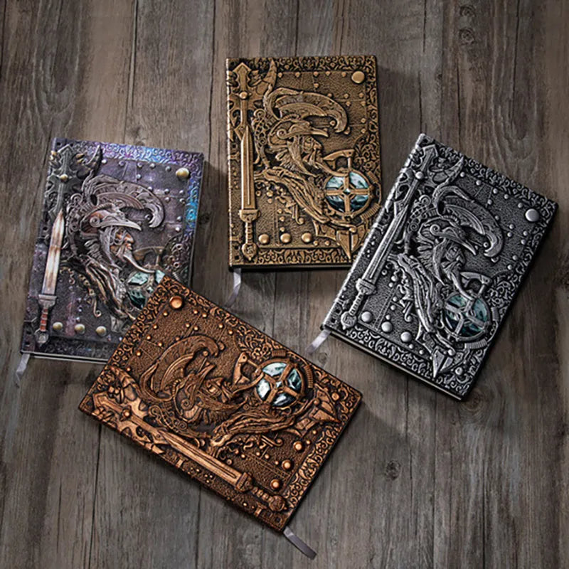 Handmade leather A5 notebook with 3D warriors embossed relief cover showing bronze colour option
